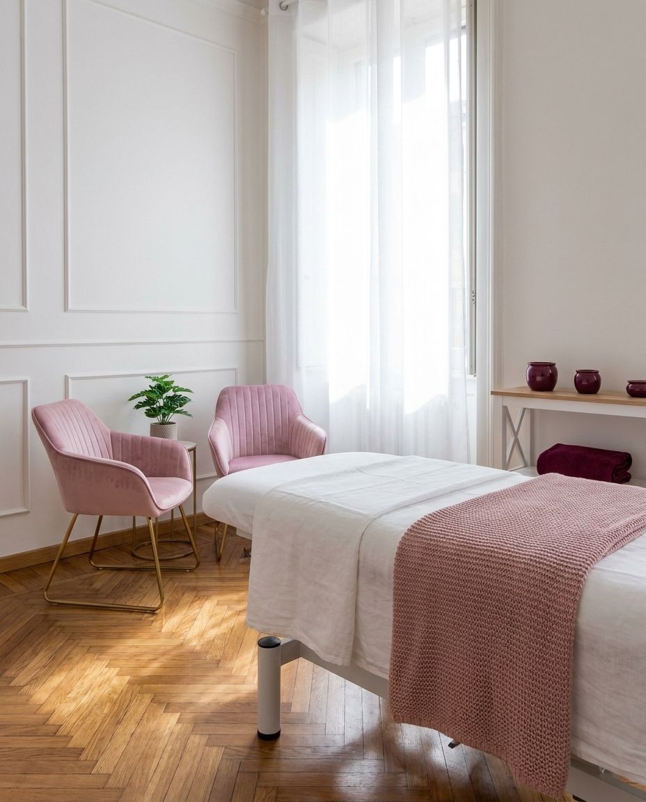 Donna seduta sul lettino dello studio, con pantaloni di lino, in attesa del consulto