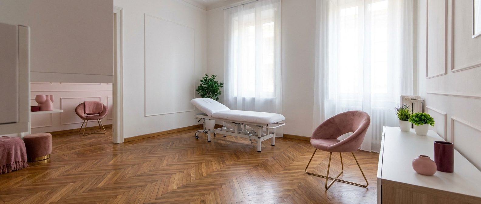 Sala trattamenti luminosa con parquet a spina di pesce e poltrona in velluto rosa