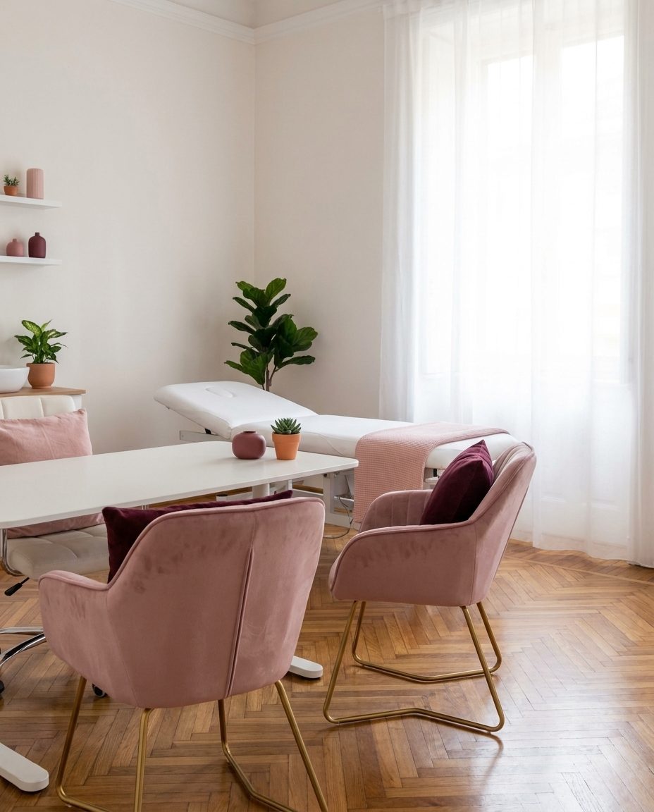 Sala consulti con poltrone in velluto rosa e parquet a spina di pesce, in uno studio di medicina estetica a Milano